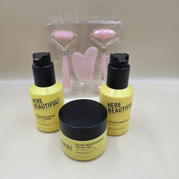 Here Beautiful Skincare Set with Yellow Bottles and Pink Tools